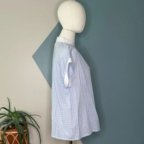 Vintage C&A Blue Checkered Blouse Mandarin Collar Short Sleeve ButtonDown Top 14 - Picture 4 of 9